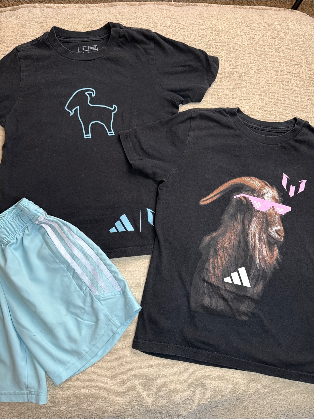 adidas Messi Kids Black Goat Graphic Tees with Light Blue Shorts